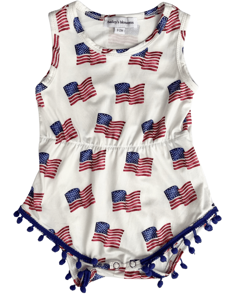 Dillon Pom Pom Romper - Patriotic Flags