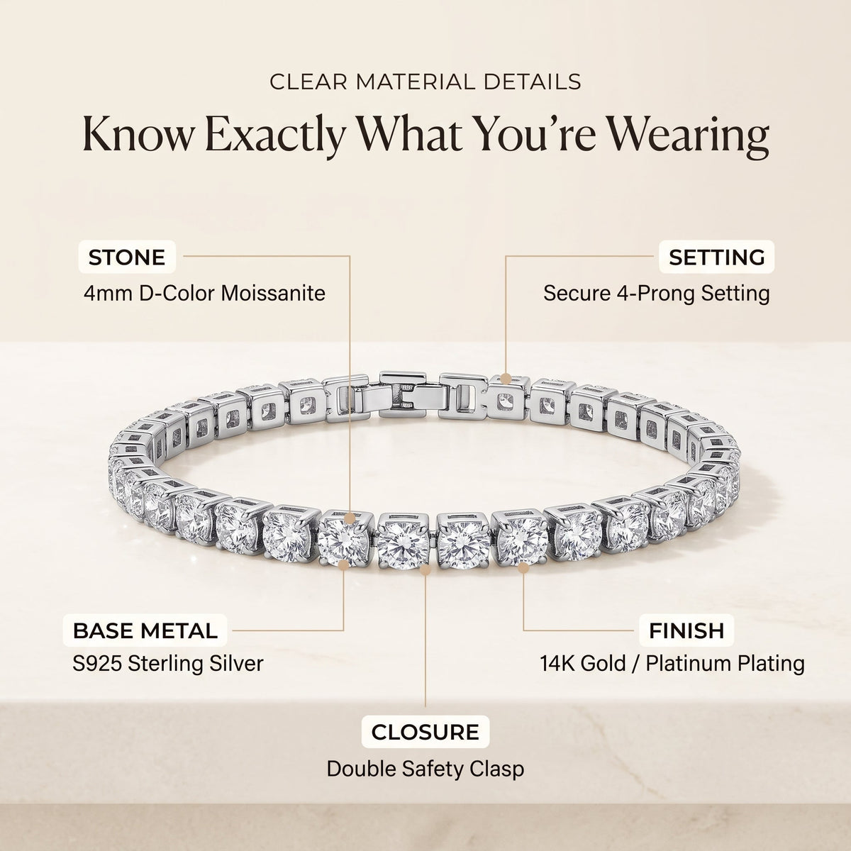 💎D-Color Moissanite Tennis Bracelet – 4mm Stones with 14K Gold Plating & Double Safety Clasp