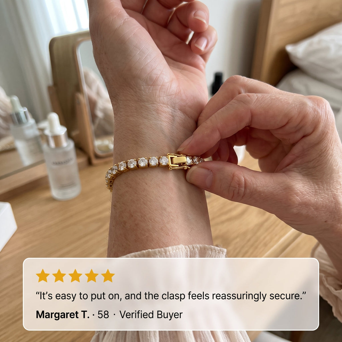 💎D-Color Moissanite Tennis Bracelet – 4mm Stones with 14K Gold Plating & Double Safety Clasp