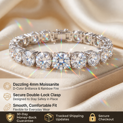 💎D-Color Moissanite Tennis Bracelet – 4mm Stones with 14K Gold Plating & Double Safety Clasp