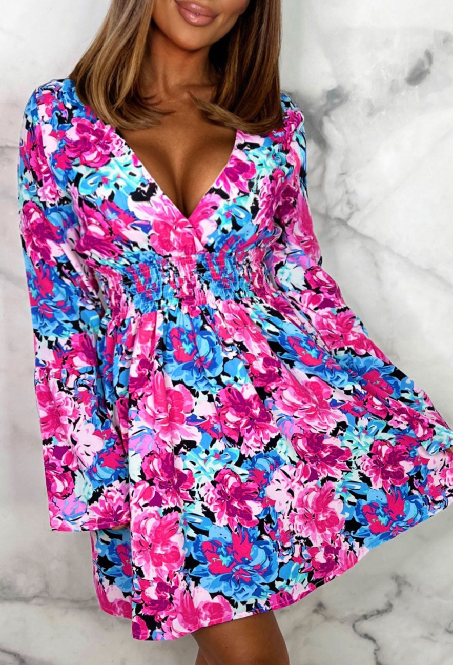 Floral Delight Multi Long Sleeve Open Back Floral Skater Mini Dress