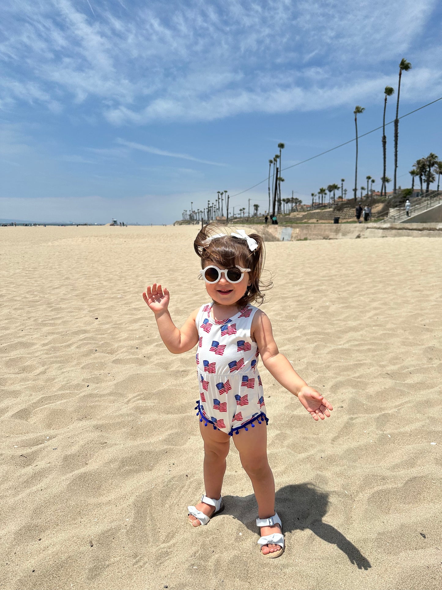 Dillon Pom Pom Romper - Patriotic Flags