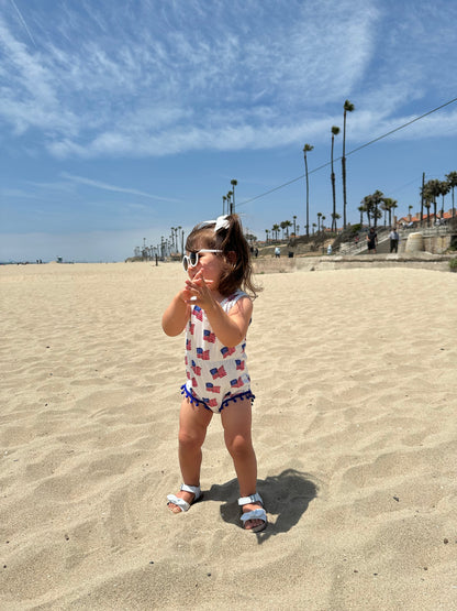 Dillon Pom Pom Romper - Patriotic Flags