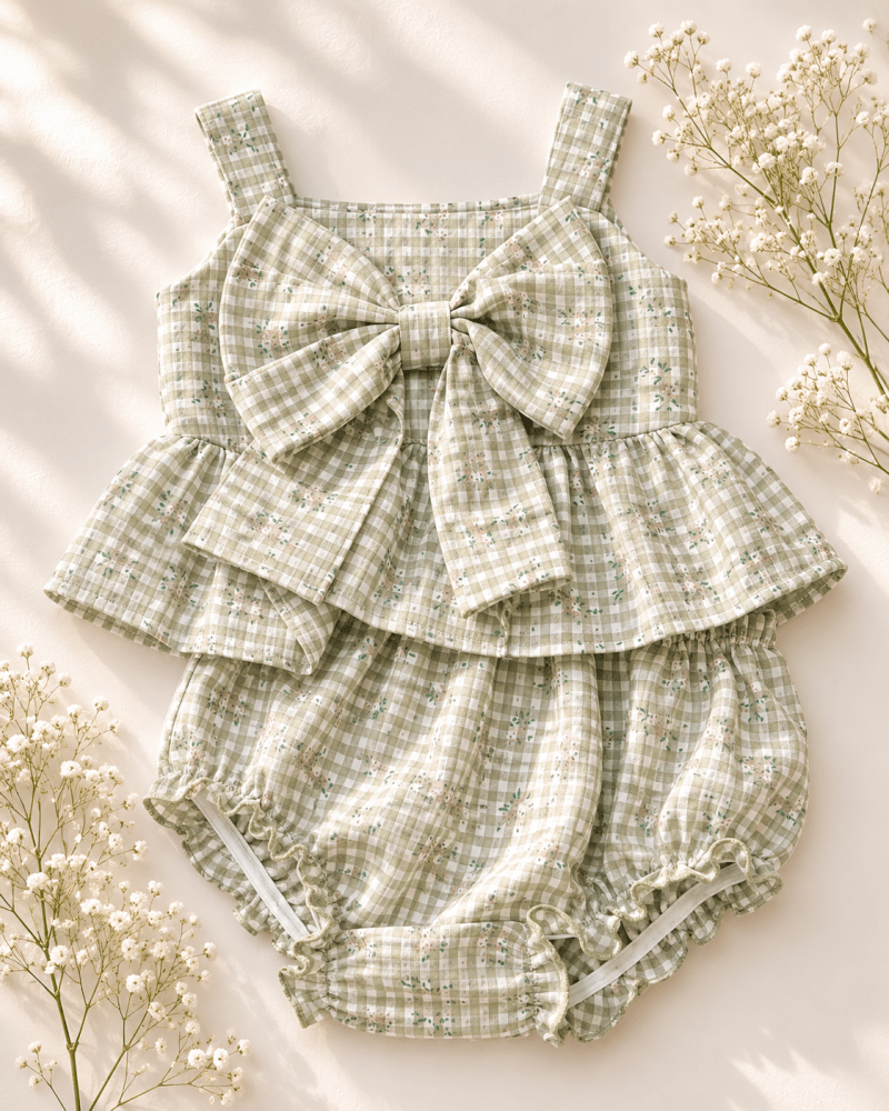 Birdie Bow Front Top & Bloomer Set - Antique Rosette Gingham