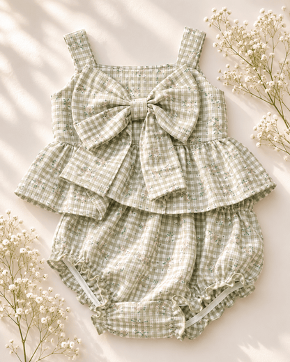 Birdie Bow Front Top & Bloomer Set - Antique Rosette Gingham
