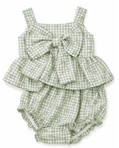 Birdie Bow Front Top & Bloomer Set - Antique Rosette Gingham