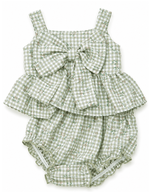 Birdie Bow Front Top & Bloomer Set - Antique Rosette Gingham