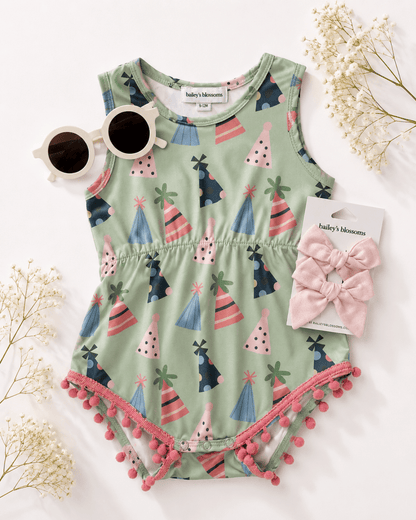 Dillon Pom Pom Romper - Party Hats