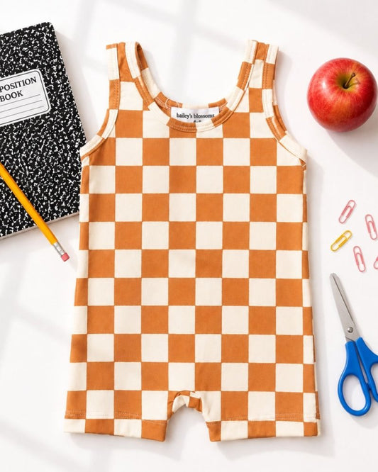 Gigi Bikeshort Romper - Orange Sunrise Check