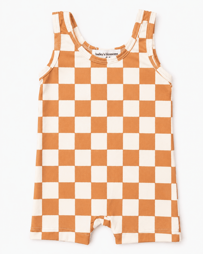 Gigi Bikeshort Romper - Orange Sunrise Check