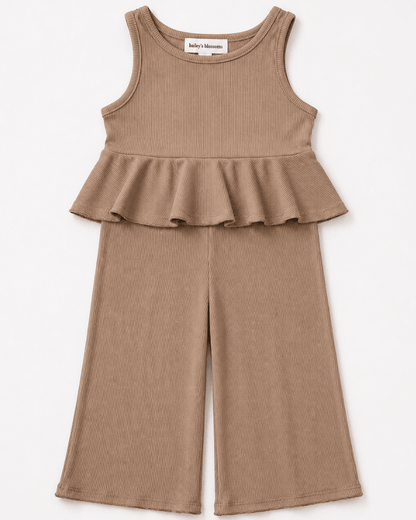 Hattie Peplum Top Two-Piece Wide Leg Set - Oatmilk