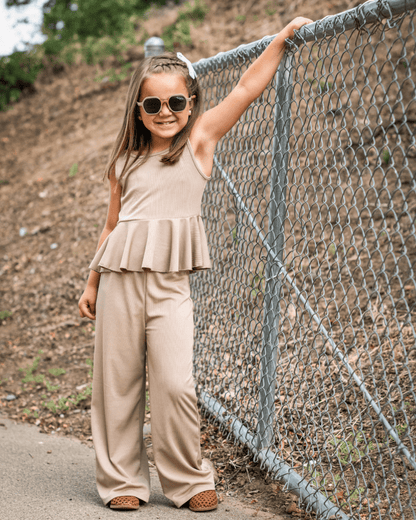 Hattie Peplum Top Two-Piece Wide Leg Set - Oatmilk