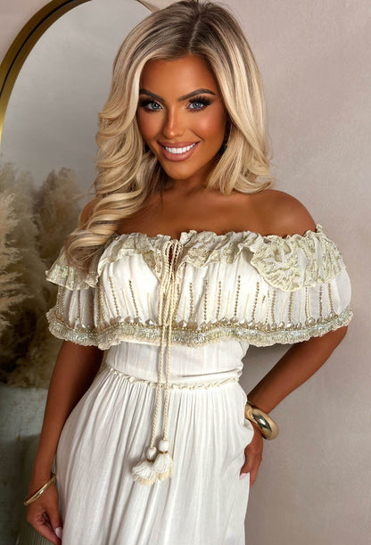 Holiday Dream Stone Bardot Boho Dress