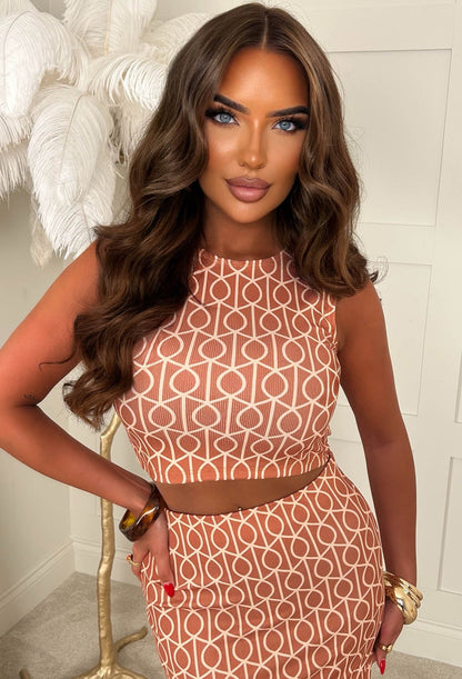Honey Please Orange Geometric Print Ribbed Vest Top & Midi Skirt Set