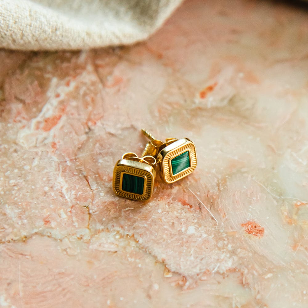 Mini Malachite Palm Stud Earrings 18ct Gold Plate