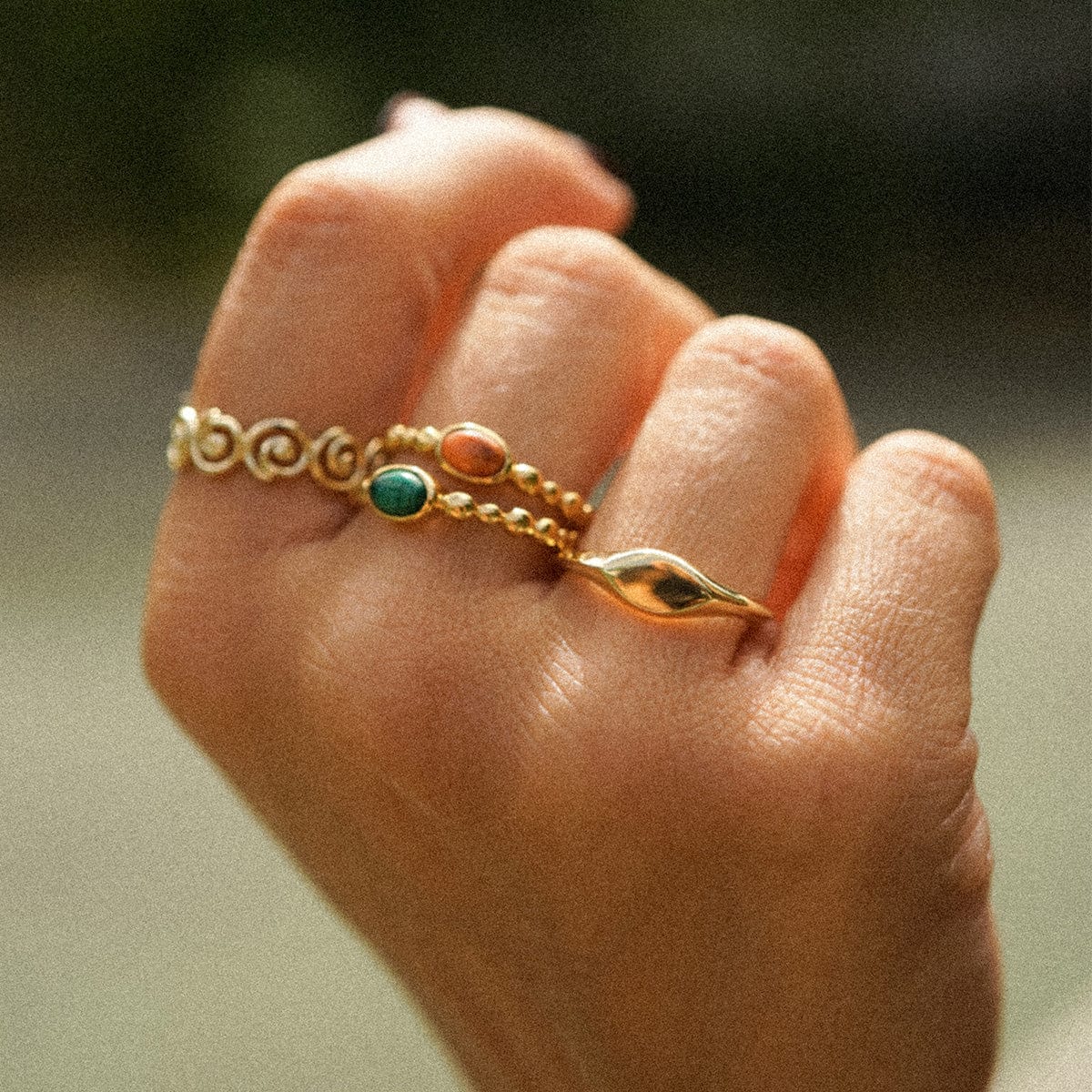 Red Coral Healing Stone Bobble Ring 18ct Gold Plate