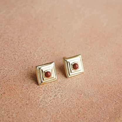 Red Jasper Mini Square Stud Earrings 18ct Gold Plate