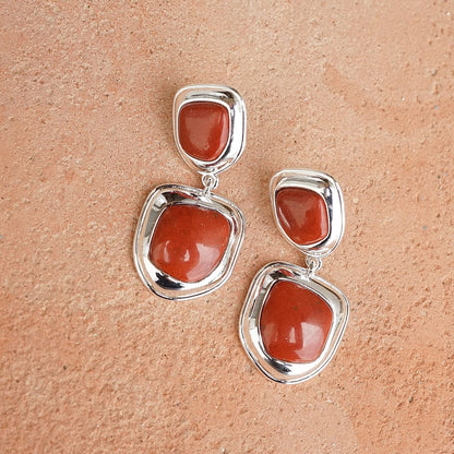 Red Jasper Organic Double Drop Earrings Silver Plate