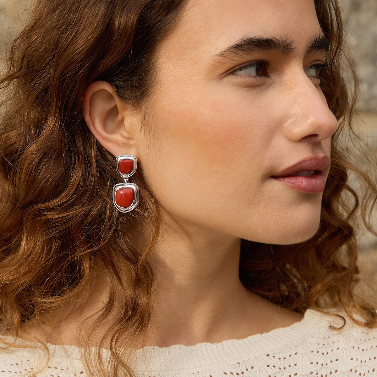 Red Jasper Organic Double Drop Earrings Silver Plate