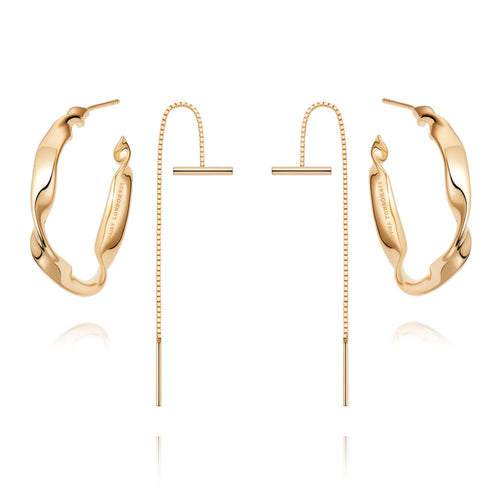 T Bar Chain & Flow Earring Set 18ct Gold Plate